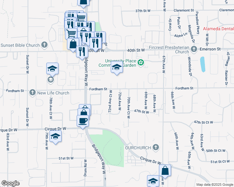 map of restaurants, bars, coffee shops, grocery stores, and more near 4407 72nd Avenue Court West in University Place