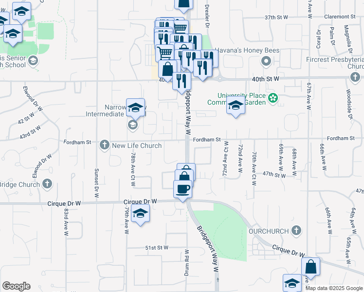 map of restaurants, bars, coffee shops, grocery stores, and more near 4402 Bridgeport Way West in University Place