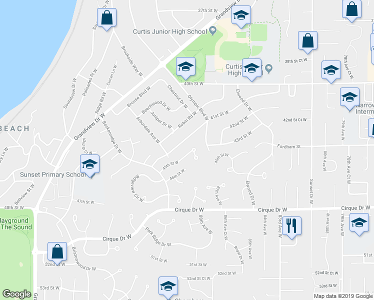 map of restaurants, bars, coffee shops, grocery stores, and more near 8909 45th Street West in University Place