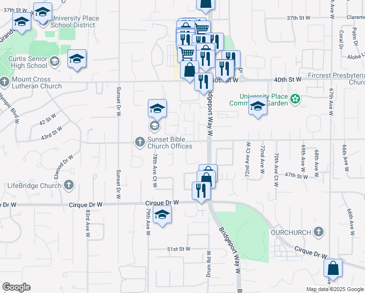 map of restaurants, bars, coffee shops, grocery stores, and more near 4404 76th Avenue West in University Place