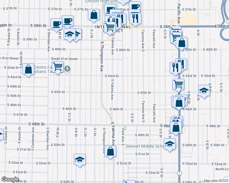 map of restaurants, bars, coffee shops, grocery stores, and more near 4340 South Yakima Avenue in Tacoma