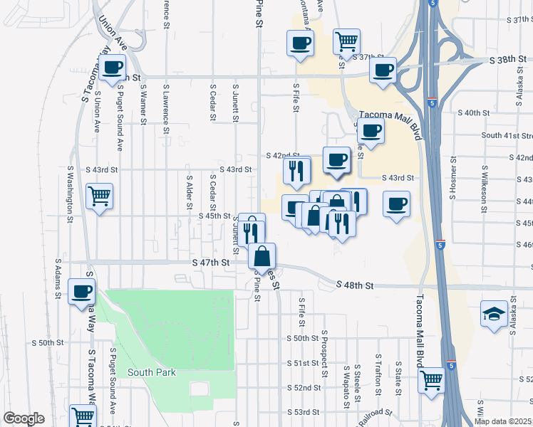 map of restaurants, bars, coffee shops, grocery stores, and more near 2901 South 45th Street in Tacoma