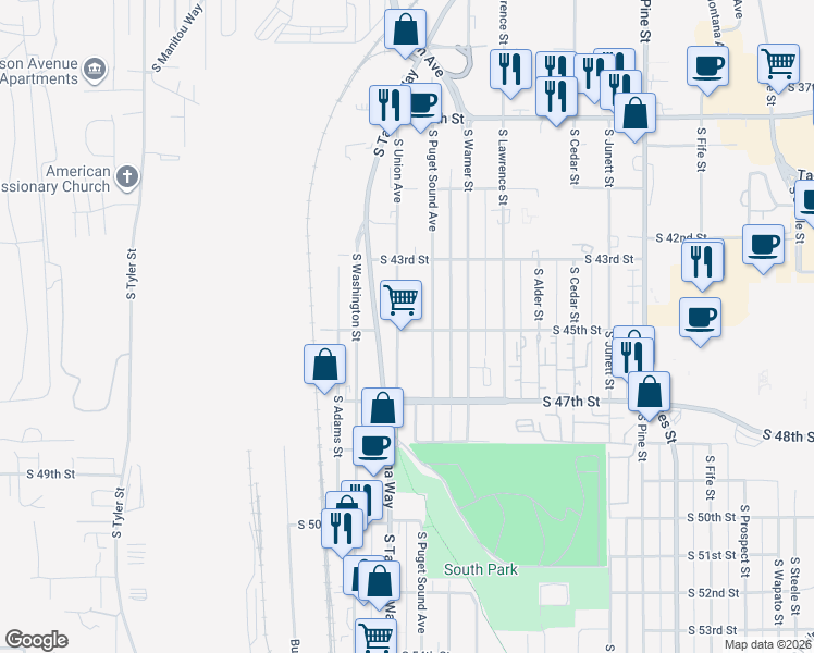 map of restaurants, bars, coffee shops, grocery stores, and more near 4346 South Puget Sound Avenue in Tacoma