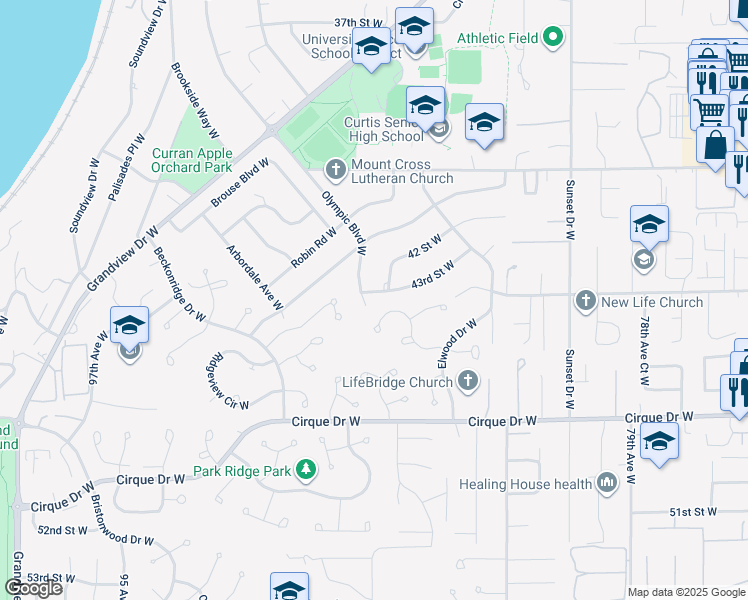 map of restaurants, bars, coffee shops, grocery stores, and more near 4301 Olympic Boulevard West in University Place