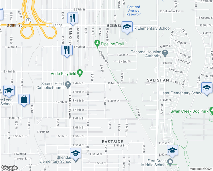 map of restaurants, bars, coffee shops, grocery stores, and more near 1102 East 44th Street in Tacoma