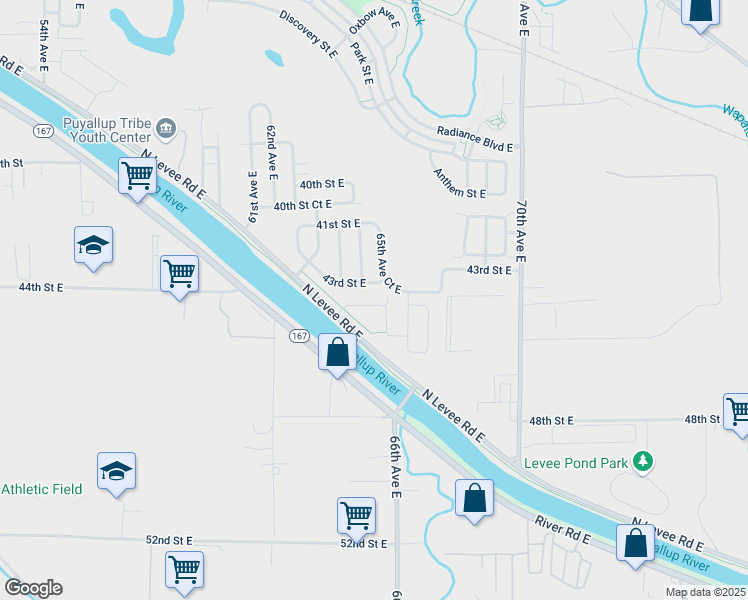 map of restaurants, bars, coffee shops, grocery stores, and more near 6523 44th Street East in Fife