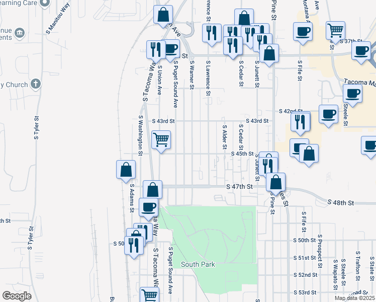 map of restaurants, bars, coffee shops, grocery stores, and more near 4348 South Warner Street in Tacoma