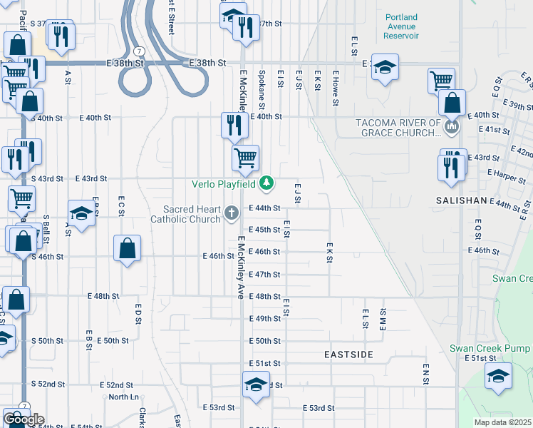 map of restaurants, bars, coffee shops, grocery stores, and more near 826 East 44th Street in Tacoma