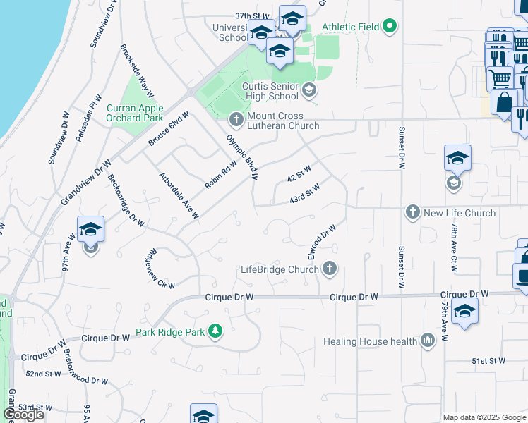 map of restaurants, bars, coffee shops, grocery stores, and more near 4301 Olympic Boulevard West in University Place