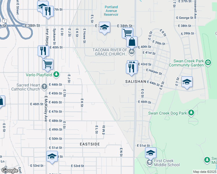 map of restaurants, bars, coffee shops, grocery stores, and more near 1406 East 44th Street in Tacoma