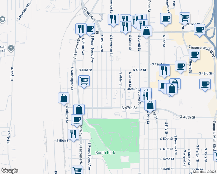 map of restaurants, bars, coffee shops, grocery stores, and more near 4348 South Lawrence Street in Tacoma