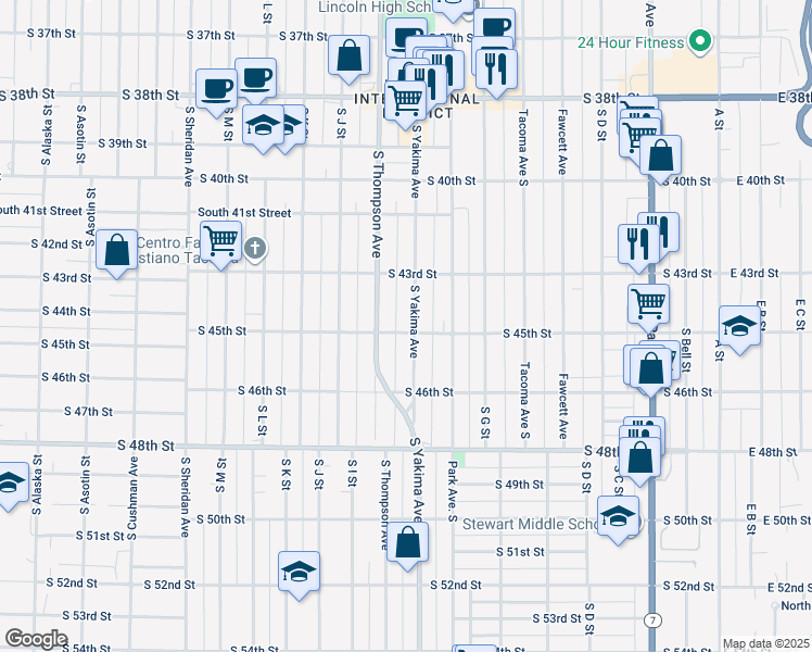 map of restaurants, bars, coffee shops, grocery stores, and more near 4340 South Yakima Avenue in Tacoma