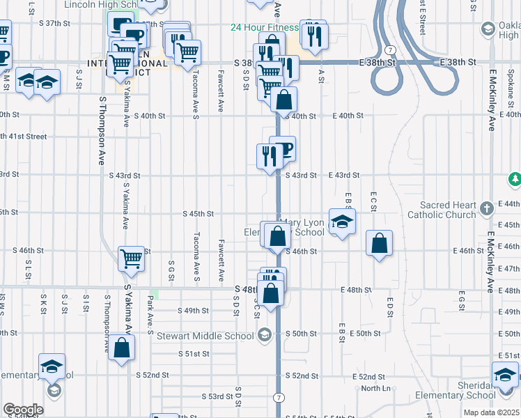 map of restaurants, bars, coffee shops, grocery stores, and more near 219 South 45th Street in Tacoma