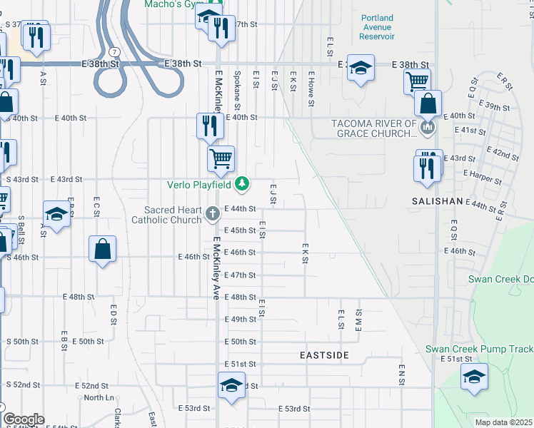 map of restaurants, bars, coffee shops, grocery stores, and more near 1002 East 44th Street in Tacoma