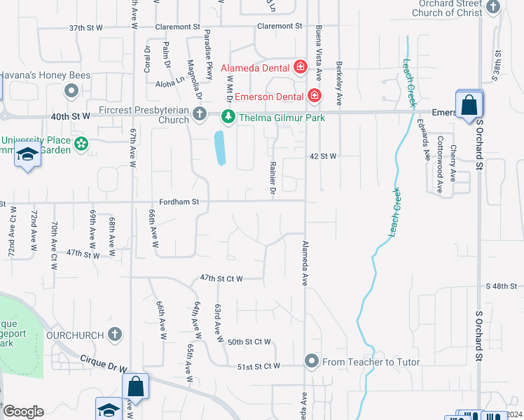 map of restaurants, bars, coffee shops, grocery stores, and more near 4407 61st Avenue West in Tacoma