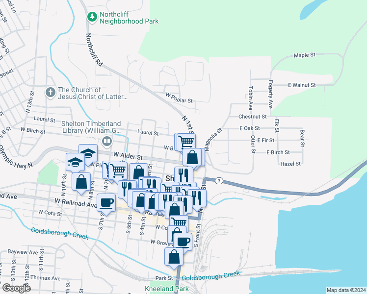 map of restaurants, bars, coffee shops, grocery stores, and more near 128 West Birch Street in Shelton