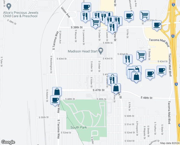 map of restaurants, bars, coffee shops, grocery stores, and more near 4354 South Alder Street in Tacoma