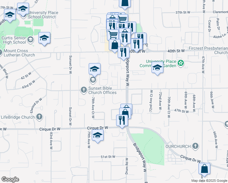 map of restaurants, bars, coffee shops, grocery stores, and more near 4404 76th Avenue West in University Place