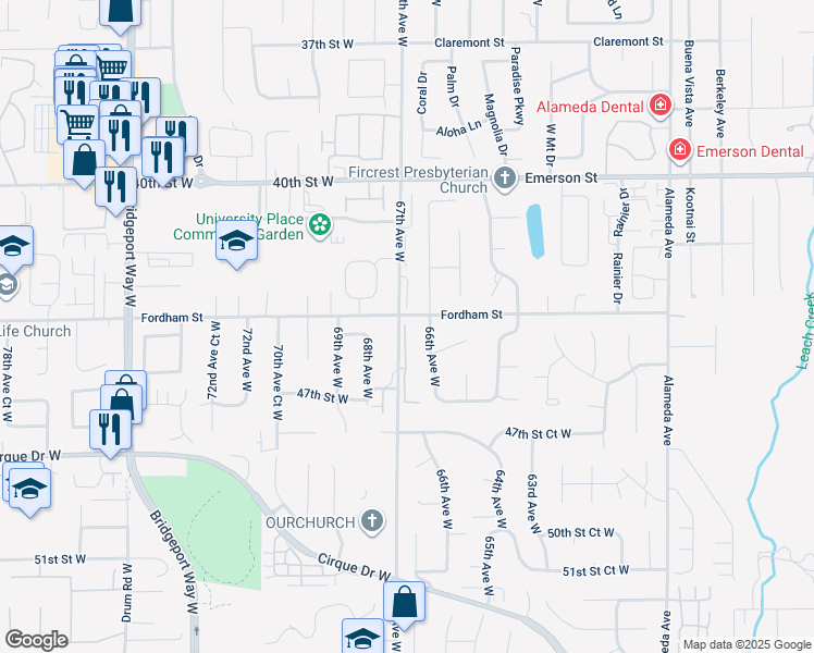 map of restaurants, bars, coffee shops, grocery stores, and more near 4411 66th Avenue Court West in University Place