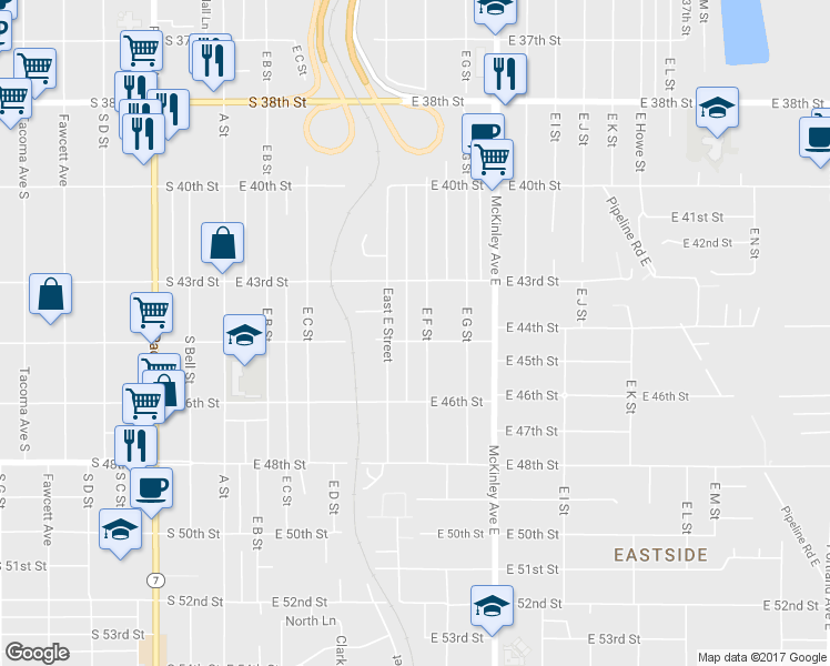 map of restaurants, bars, coffee shops, grocery stores, and more near 4338 E F St in Tacoma
