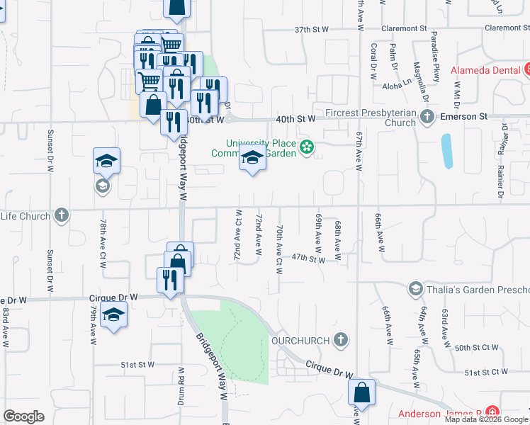 map of restaurants, bars, coffee shops, grocery stores, and more near 4401 72nd Avenue West in University Place