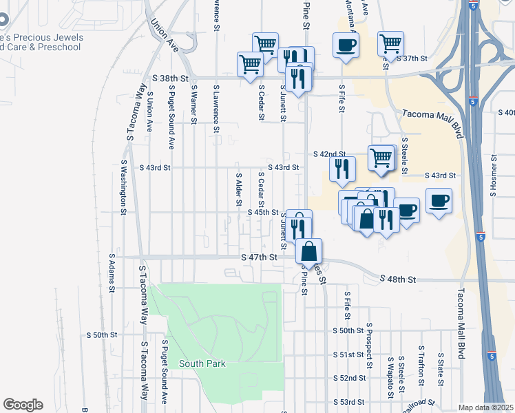 map of restaurants, bars, coffee shops, grocery stores, and more near 3101 South 45th Street in Tacoma