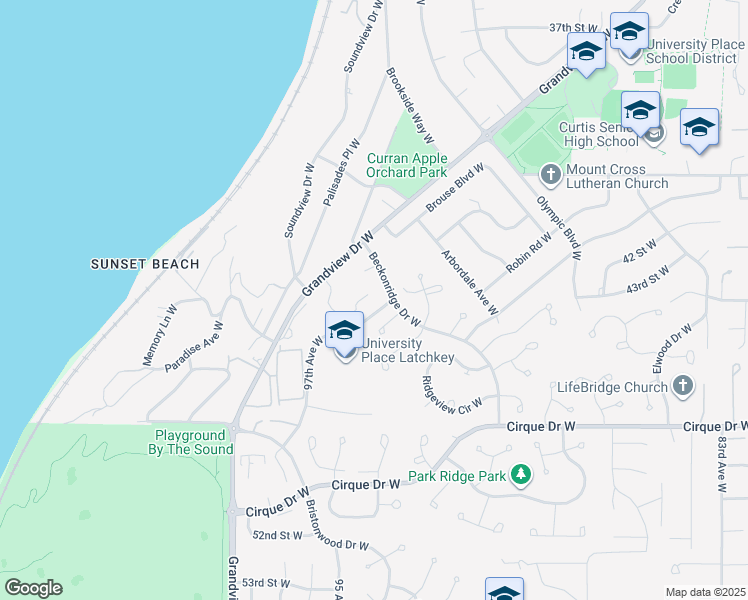 map of restaurants, bars, coffee shops, grocery stores, and more near 9422 43rd Street Court West in University Place