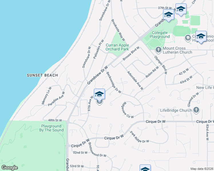 map of restaurants, bars, coffee shops, grocery stores, and more near 9422 43rd Street Court West in University Place