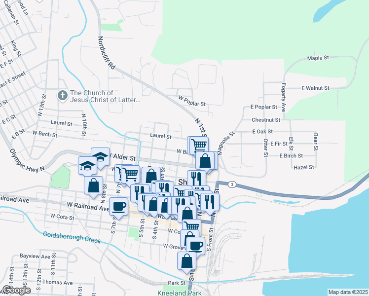 map of restaurants, bars, coffee shops, grocery stores, and more near 310 West Birch Street in Shelton