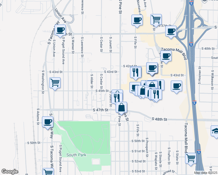 map of restaurants, bars, coffee shops, grocery stores, and more near 4346 South Junett Street in Tacoma