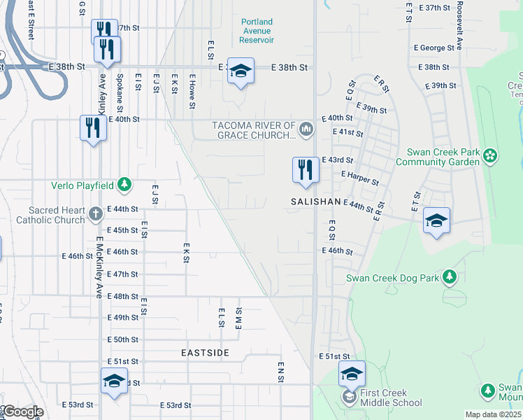 map of restaurants, bars, coffee shops, grocery stores, and more near 1406 East 44th Street in Tacoma