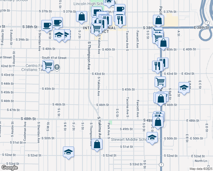 map of restaurants, bars, coffee shops, grocery stores, and more near 4332 South Park Avenue in Tacoma