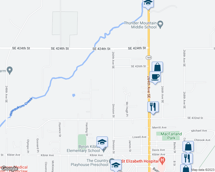 map of restaurants, bars, coffee shops, grocery stores, and more near 42809 260th Avenue Southeast in Enumclaw