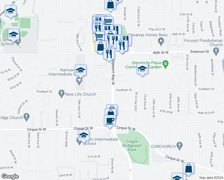 map of restaurants, bars, coffee shops, grocery stores, and more near 7501 44th Street West in University Place