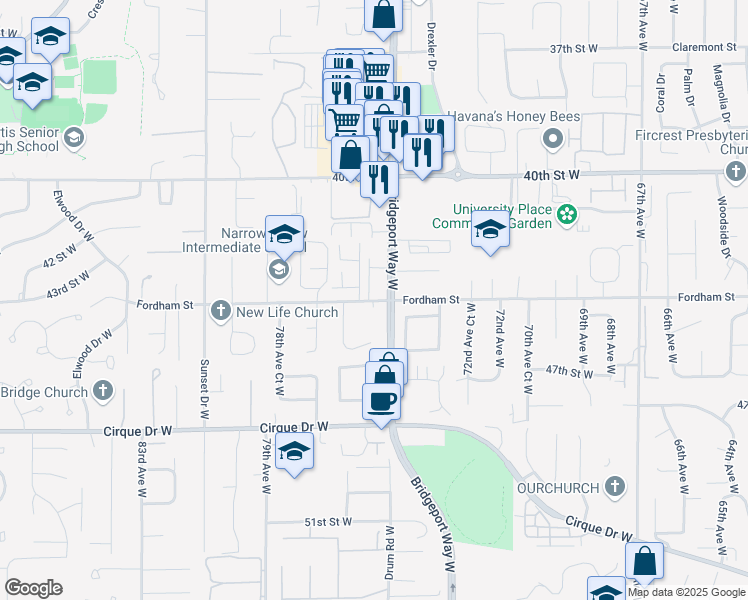 map of restaurants, bars, coffee shops, grocery stores, and more near 7533 44th Street West in Tacoma