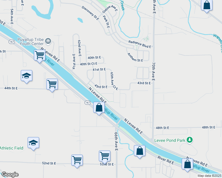 map of restaurants, bars, coffee shops, grocery stores, and more near 6523 44th Street East in Fife