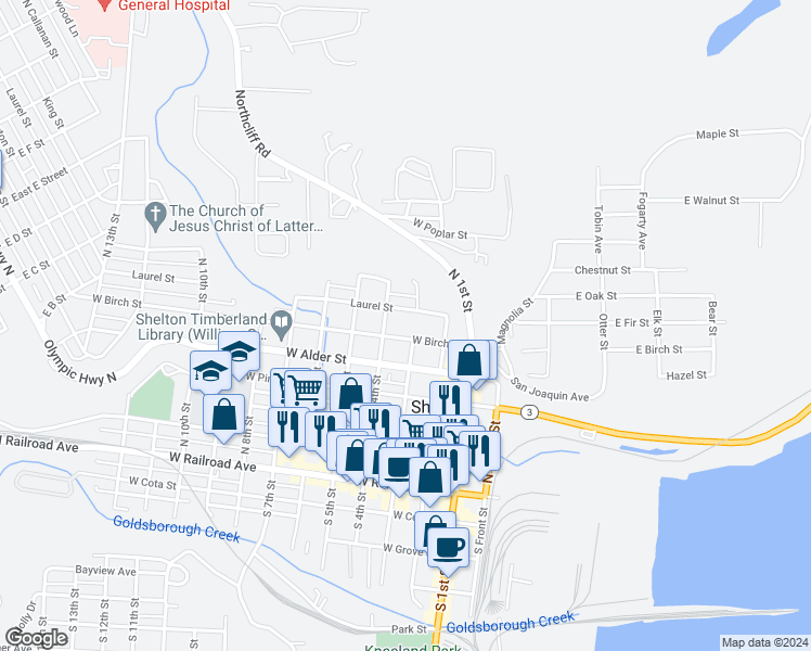map of restaurants, bars, coffee shops, grocery stores, and more near 614 North 4th Street in Shelton