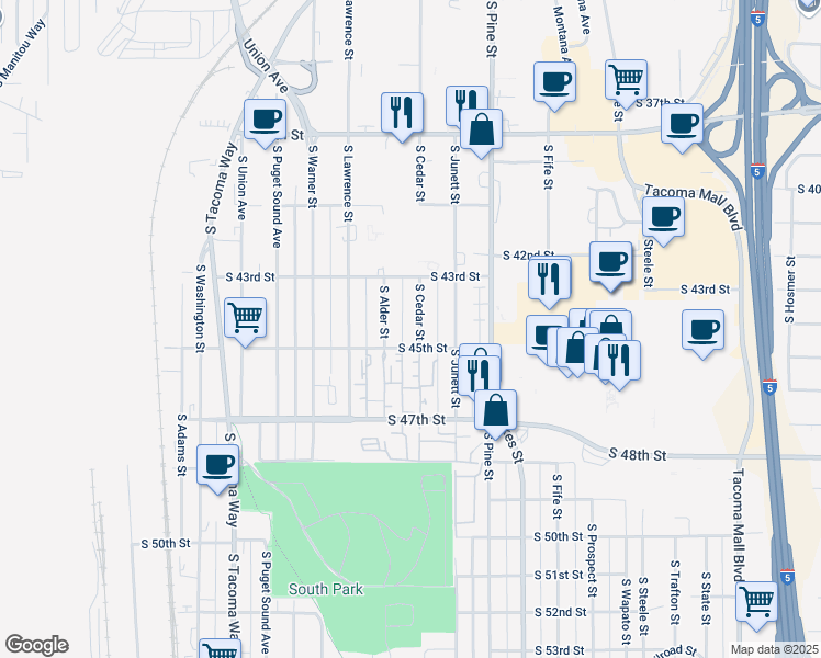 map of restaurants, bars, coffee shops, grocery stores, and more near 3101 South 45th Street in Tacoma