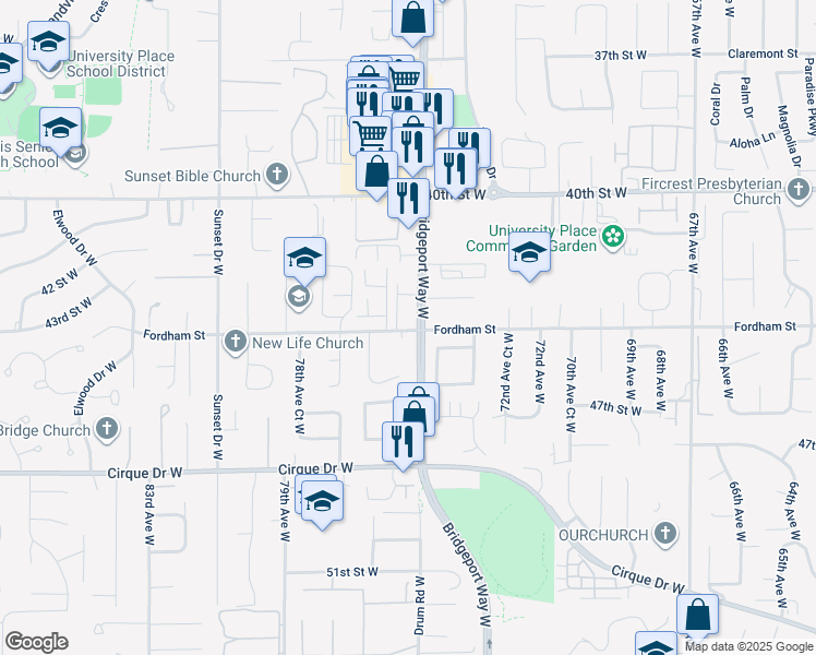 map of restaurants, bars, coffee shops, grocery stores, and more near 4402 Bridgeport Way West in University Place