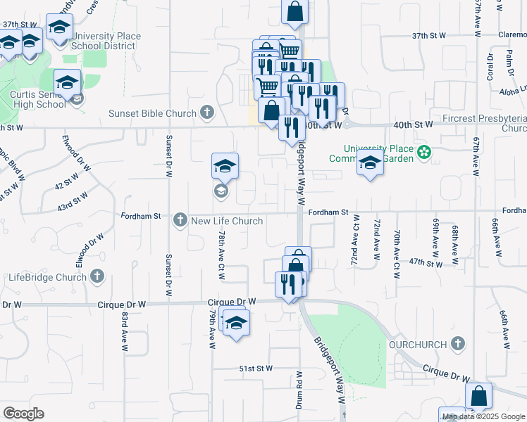 map of restaurants, bars, coffee shops, grocery stores, and more near 4404 76th Avenue West in University Place