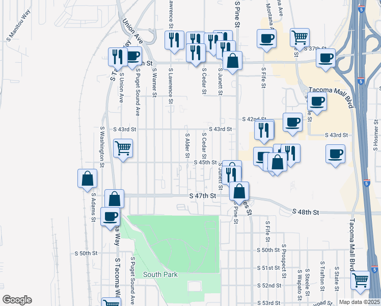 map of restaurants, bars, coffee shops, grocery stores, and more near 4354 South Alder Street in Tacoma