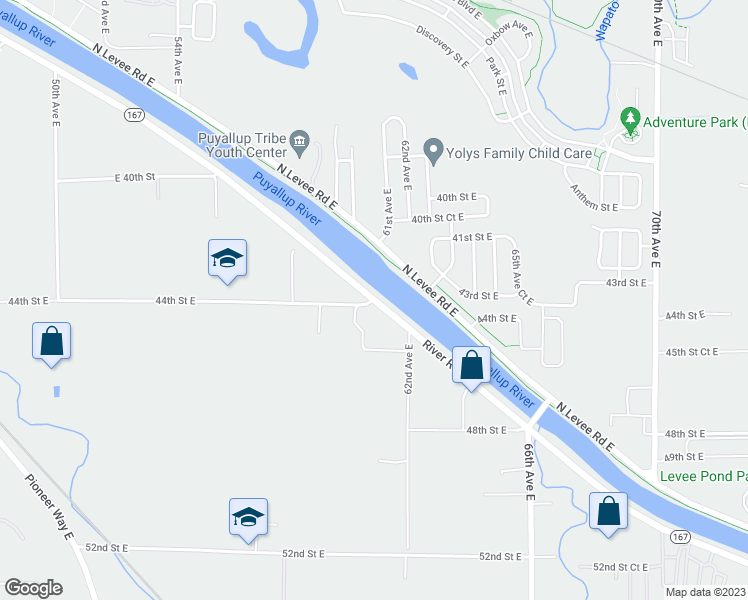 map of restaurants, bars, coffee shops, grocery stores, and more near 6500 44th Street East in Puyallup