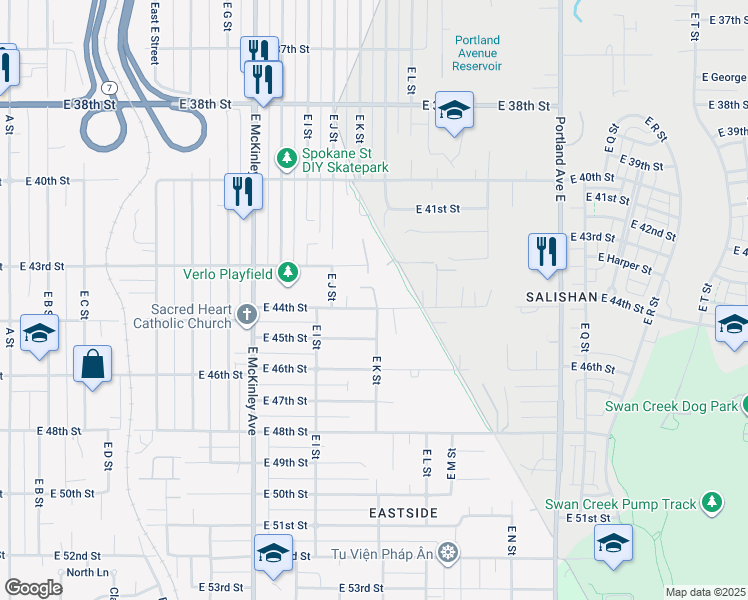 map of restaurants, bars, coffee shops, grocery stores, and more near 1102 East 44th Street in Tacoma