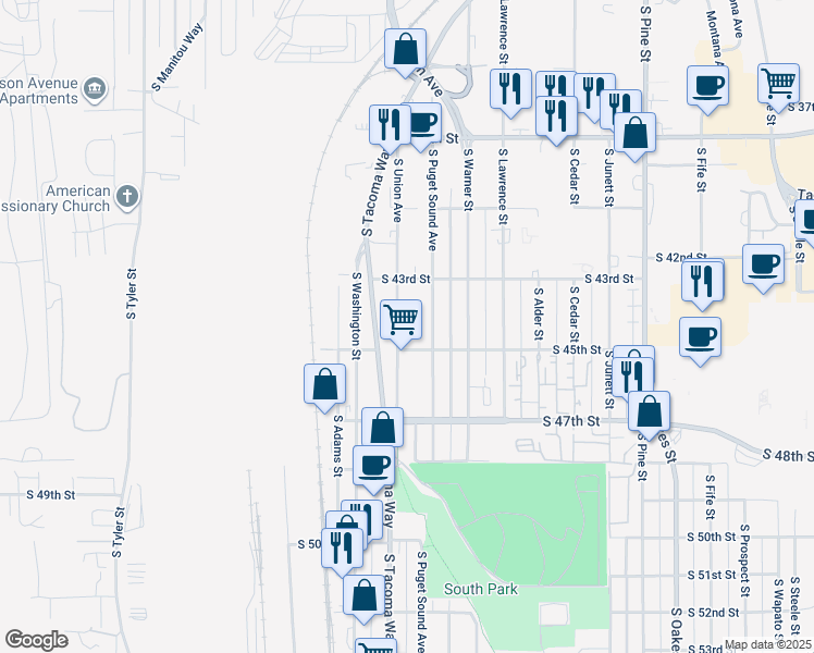 map of restaurants, bars, coffee shops, grocery stores, and more near 4346 South Puget Sound Avenue in Tacoma