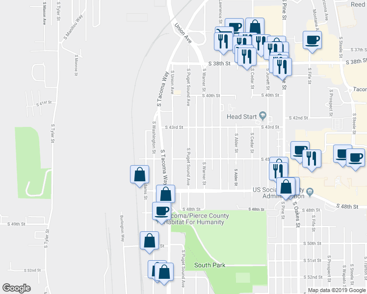 map of restaurants, bars, coffee shops, grocery stores, and more near 4346 South Puget Sound Avenue in Tacoma