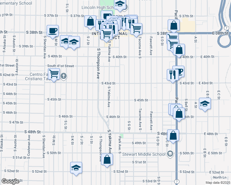 map of restaurants, bars, coffee shops, grocery stores, and more near 4332 South Park Avenue in Tacoma