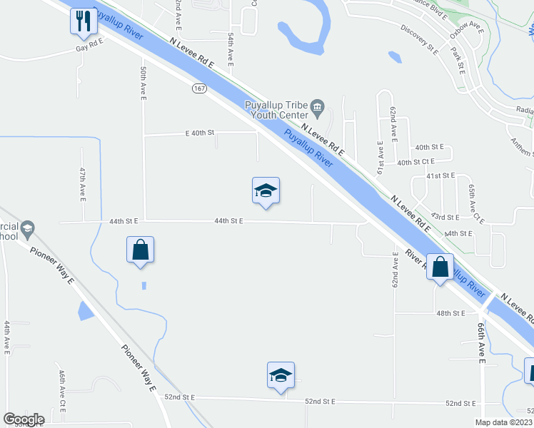 map of restaurants, bars, coffee shops, grocery stores, and more near 5524 44th Street East in Puyallup