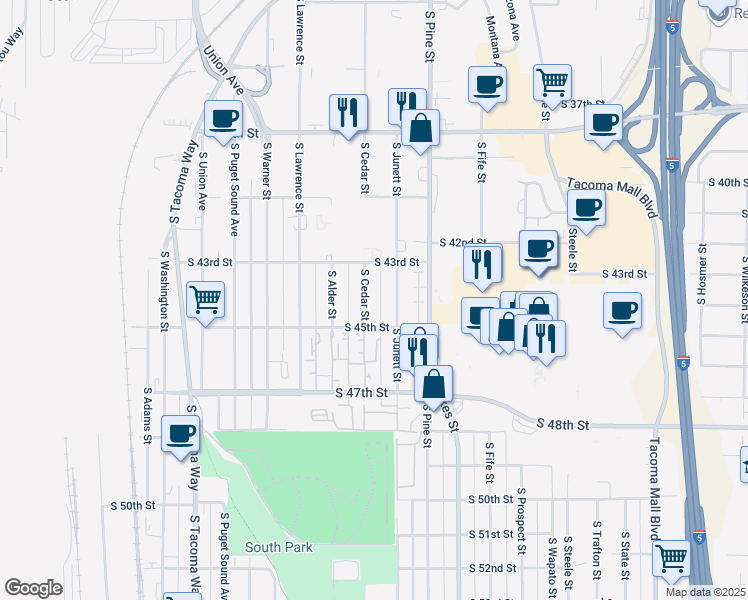 map of restaurants, bars, coffee shops, grocery stores, and more near 3101 South 45th Street in Tacoma