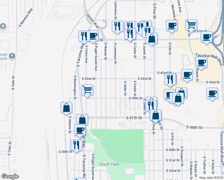 map of restaurants, bars, coffee shops, grocery stores, and more near 4348 South Lawrence Street in Tacoma