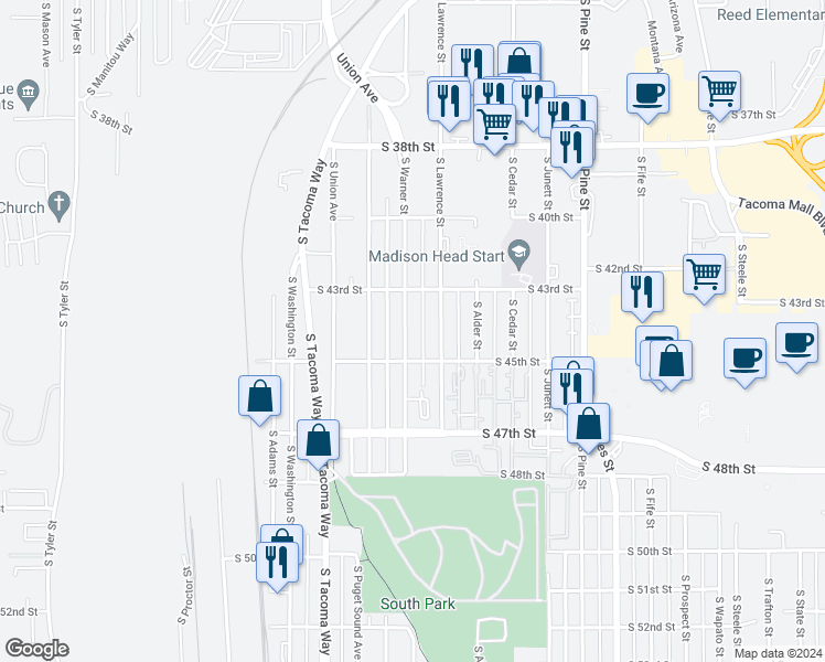 map of restaurants, bars, coffee shops, grocery stores, and more near 4348 South Warner Street in Tacoma